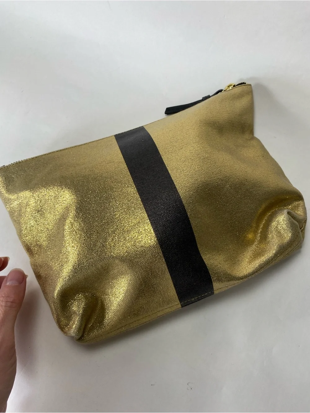 Kempton & Co. Metallic Gold Canvas Black Striped Zipper Makeup Pouch Case